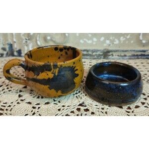 Signed Small Handmade Crude Mug & Small Bowl Pottery Blue & Yellow